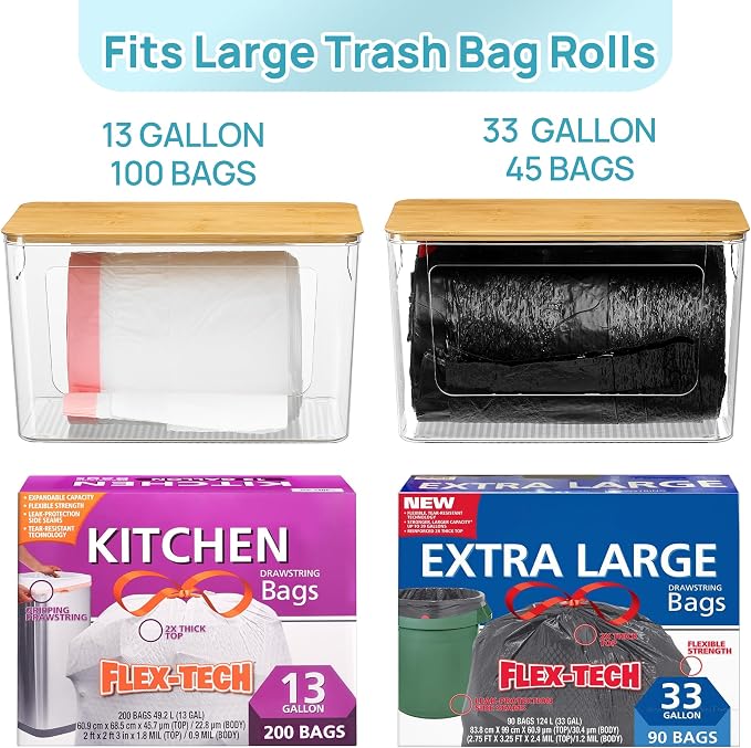 Vtopmart 2 Pack Trash Bag Holder with Bamboo Lid, Garbage Bag Dispenser | Stackable Trash Bag Organizer for 13/30/33 Gallon Bags, Clear Organizer Bins for Under Sink, Laundry Room Organization