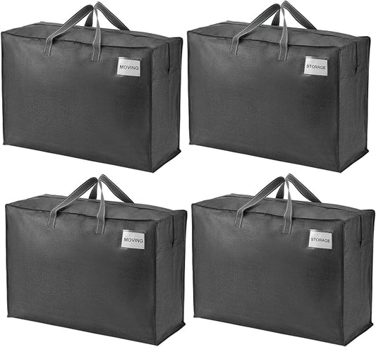 VENO 4 Pack Heavy Duty Moving Bags, Storage Bags, Packing Supplies, Top Zipper, Storage Totes for Camping, Clothes, Bedding, Comforters, Pillows (27 Gallon Dark Gray, 4 Pack)