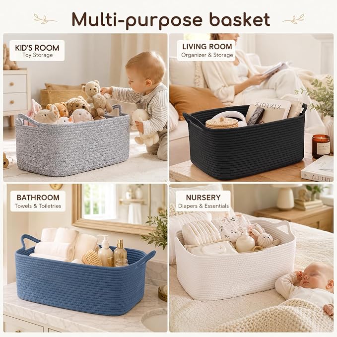 OIASKET Large Empty Cotton Rope Gift Basket with Handles, 16.5"x12.6"x7" Decorative Woven Storage Basket with Gift Bag and Ribbon Set for Baby Shower, Toy Organizer for Kids, Dogs & Cats - Blue