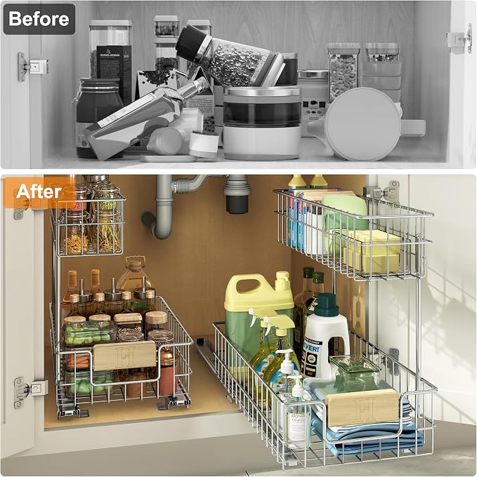 ROOMTEC Pull Out Cabinet Organizer, Under Sink Slide Out Storage Shelf with 2 Tier Sliding Wire Drawer, Sliding Storage for Inside Kitchen Cabinet- 11½ in. W x 21½ in. D (Left)