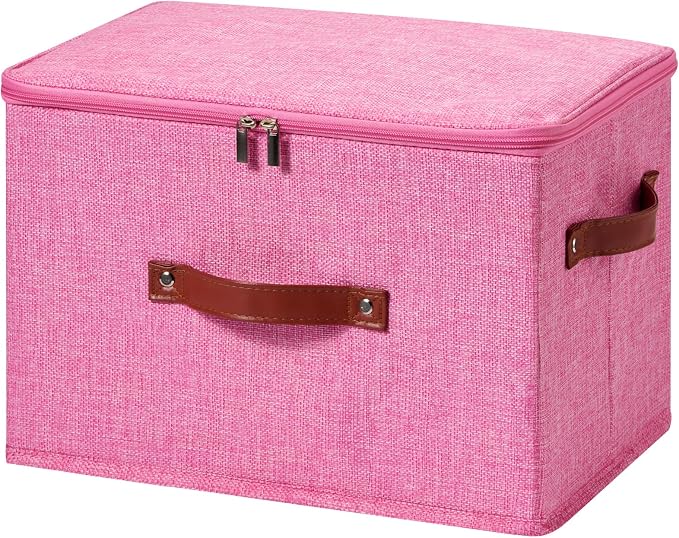 Storage Bin Box with Zippered Lid Cotton Linen Fabric Decorative Basket with PU Leather Handles PP Plastic Board Foldable Lidded Clothing Shelf Closet Organizer Container (Pink, Large)