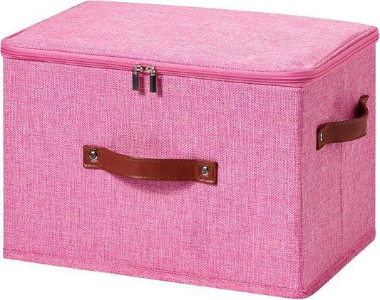 Storage Bin Box with Zippered Lid Cotton Linen Fabric Decorative Basket with PU Leather Handles PP Plastic Board Foldable Lidded Clothing Shelf Closet Organizer Container (Pink, Large)