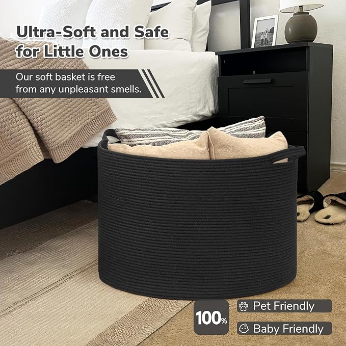 INDRESSME 115L Extra Large Black Blanket Basket, Dog Toy Bin Shoe Baskets Toy Box Organizer for Kids Decorative Laundry Basket for Home & Living Room, Black