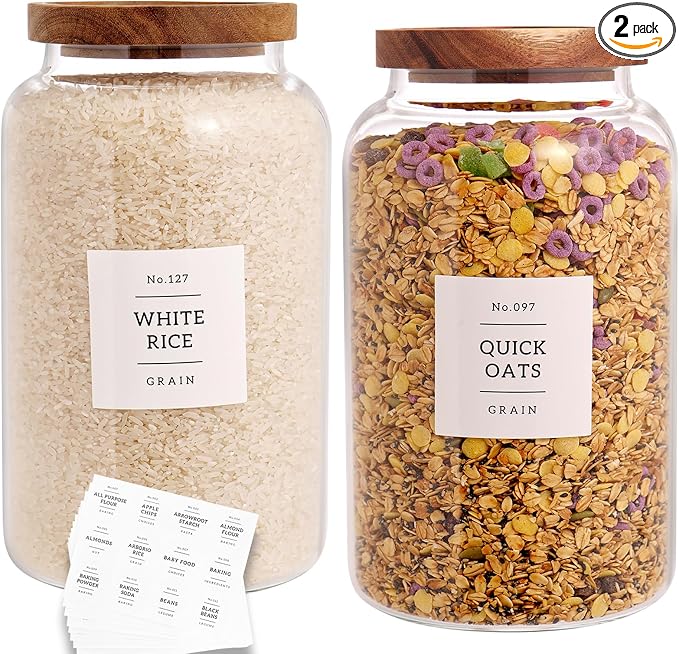 CZHQSMZ Set of 2 Large Glass Jar with Airtight Acacia Lid and 132 Kitchen Pantry Labels, Clear Glass Food Storage Jars Containers for Rice Flour Pasta Sugar Coffee Cookie and More(98 Fl Oz/2800 Ml)