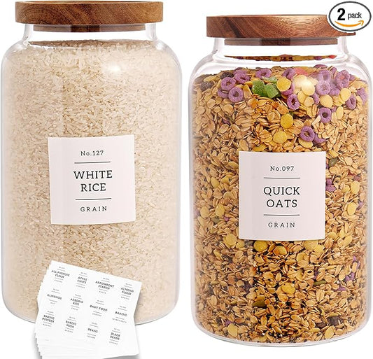 CZHQSMZ Set of 2 Large Glass Jar with Airtight Acacia Lid and 132 Kitchen Pantry Labels, Clear Glass Food Storage Jars Containers for Rice Flour Pasta Sugar Coffee Cookie and More(98 Fl Oz/2800 Ml)