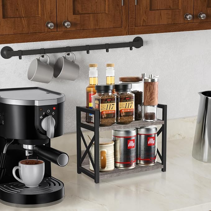 YINMIT Countertop Shelf Organizer,Coffee Bar Accessories,Spice Rack,Coffee Counter Shelf,2 Tier Coffee Organizer Station for Mugs,Cups,Cream,Syrup(Rusti Grey, Small)