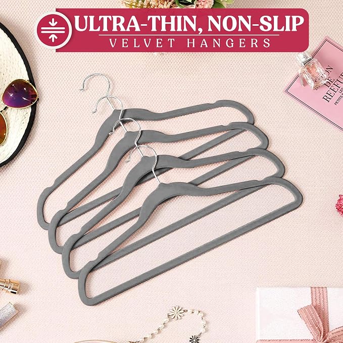 LDC Grey Velvet Hangers 50 Pack - Premium Non-Slip Clothes Coat Pants Felt Hanger for Closet - Heavy Duty Space Saving 360° Swivel Hook Hangars - Grey
