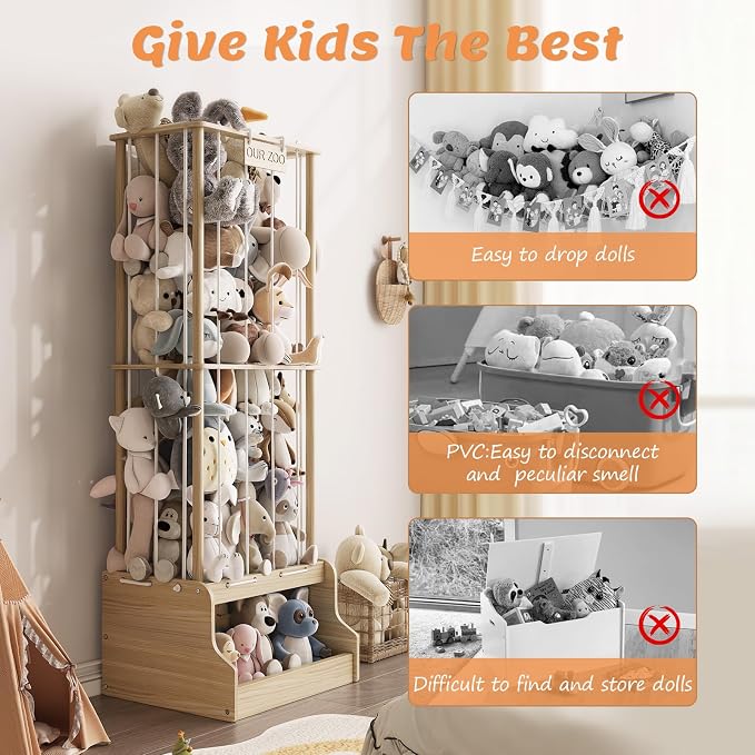 Stuffed Animal Storage Organizer,2-in-1 Solid Pine Wood Stuffed Animal Zoo with Toy Chest, Large Plush Toy Holder with Thick Elastic Bands,Stuffed Animal Holder for Playroom, Nursery, Bedroom