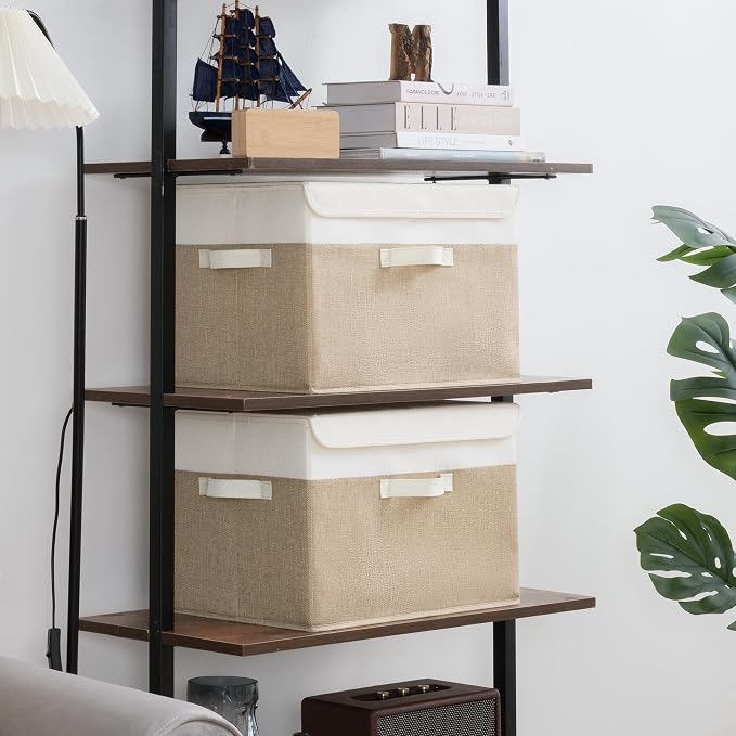 GRANNY SAYS Storage Boxes with Lids, Decorative Storage Bins, Shelf Baskets, Clothes Storage and Organization, White/Khaki, 2-Pack