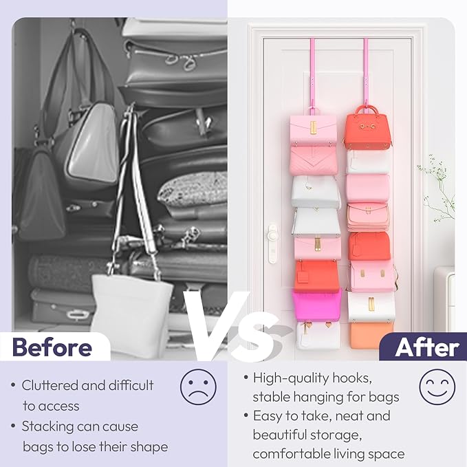 SWTYMIKI Over the Door Purse Organizer - 2 Packs Wall Mounted Purse Rack with 8 Hooks Design, Hanging Handbag Organizer Storage Holds up to 16 Bags, Bag Rack for Closet, Door(Pink)