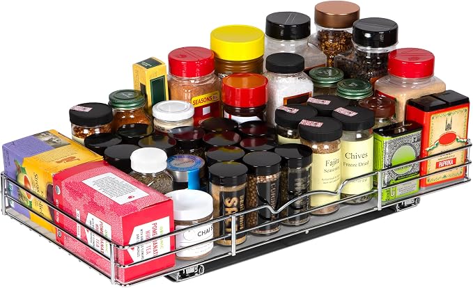 Pull-Out Cabinet Spice Rack Organizer, 20 ⅜"W x 10 ⅜"D x 2 ¾"H | Slim Slide-Out Storage for Spices, Bottles & Jars, Premium Heavy-Duty Steel, Easy Install for Narrow Kitchen Cabinets, Chrome
