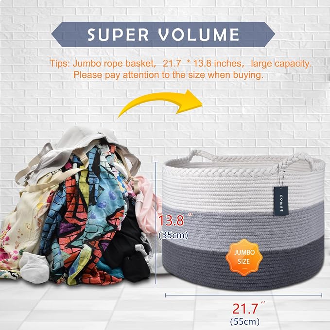 COMSE Extra Large Woven Blanket Laundry Basket, 21.7”x 13.8”, Nursery Hamper, Cotton Rope Laundry Hamper Living Room for Storage Toys Clothes Towels (White & Light Gray & Dark Gray)