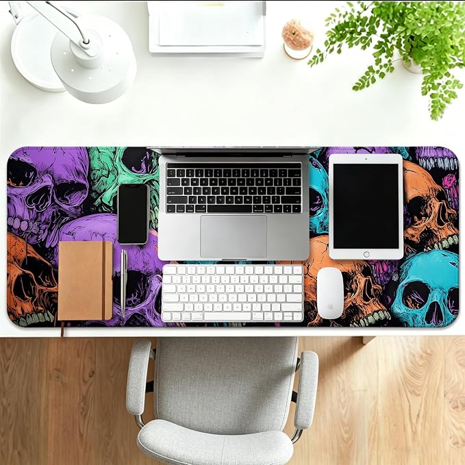 Scary Skull Gaming Desk Mat, Computer Keyboard Large Extended Cool Multi-Color Skull Mouse Pad for Office and Home, 31.5×11.8 Inches, XL