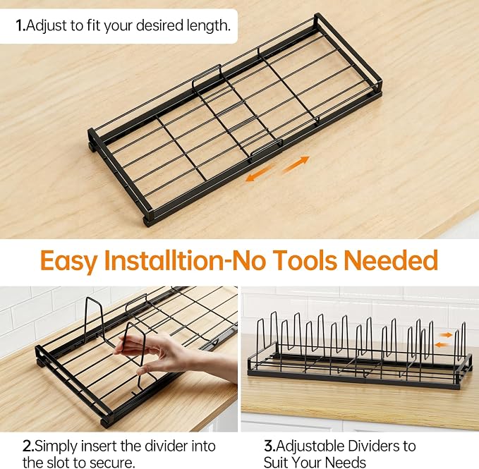 Expandable Food Container Lid Organizer(13"-21") with 9 Adjustable Dividers | Metal, Large Capacity Detachable Lid Organizer Rack, Pads Prevent Sliding for Kitchen Cabinet,Cupboard,Pantry Shelves,Drawer