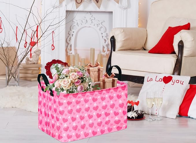 MAIZMZ Girls Storage Basket Heart Print Storage Cube for Women, Closet Shelf Organizer Bins Empty Gift Basket with Handles Girls Nursery hamper Kids Toys Books Box Room Deco