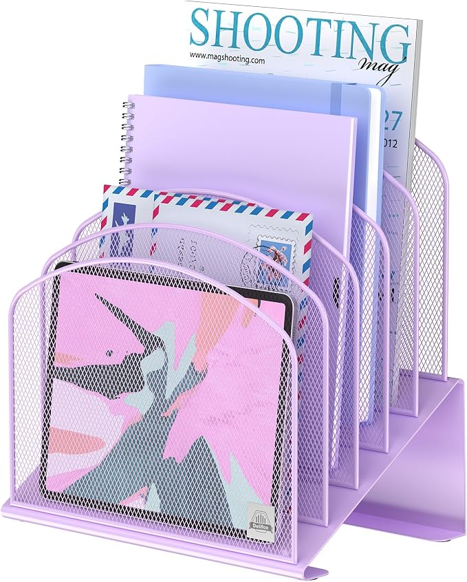 Delifox Inclined Desk File Organizer,Vertical File Folder Holder Stand Metal Rack File Sorter for Office Classroom Desktop Organization (1, Purple, 5)