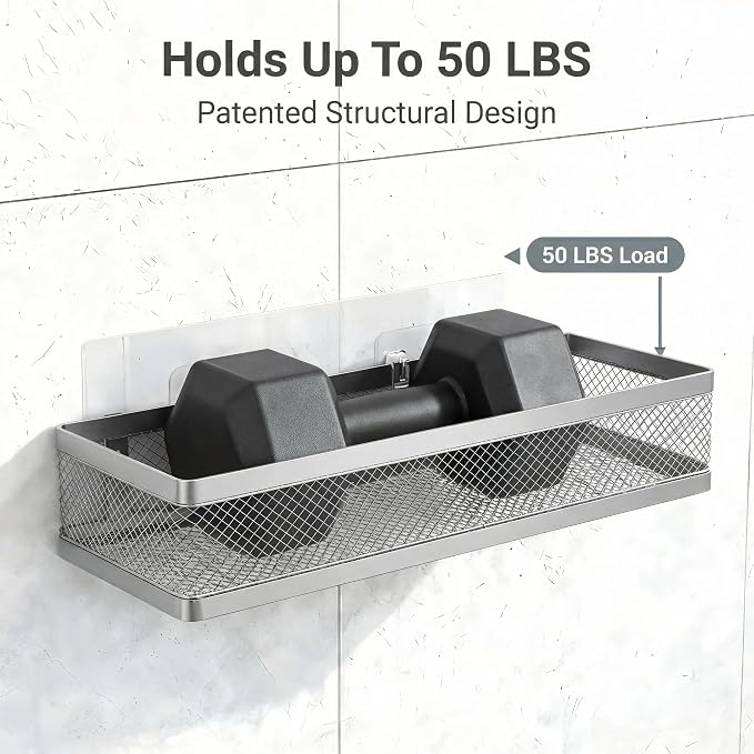 PUSDON 16.5-Inch Extra Long Slim Mesh Shower Caddy, Wall Mounted Bathroom Organizer with Adhesive, Heavy Duty Rustproof Shelf for Narrow Kitchen Pantry & RV, Holds 50 LBS Silver Gray -2 Packs Netting