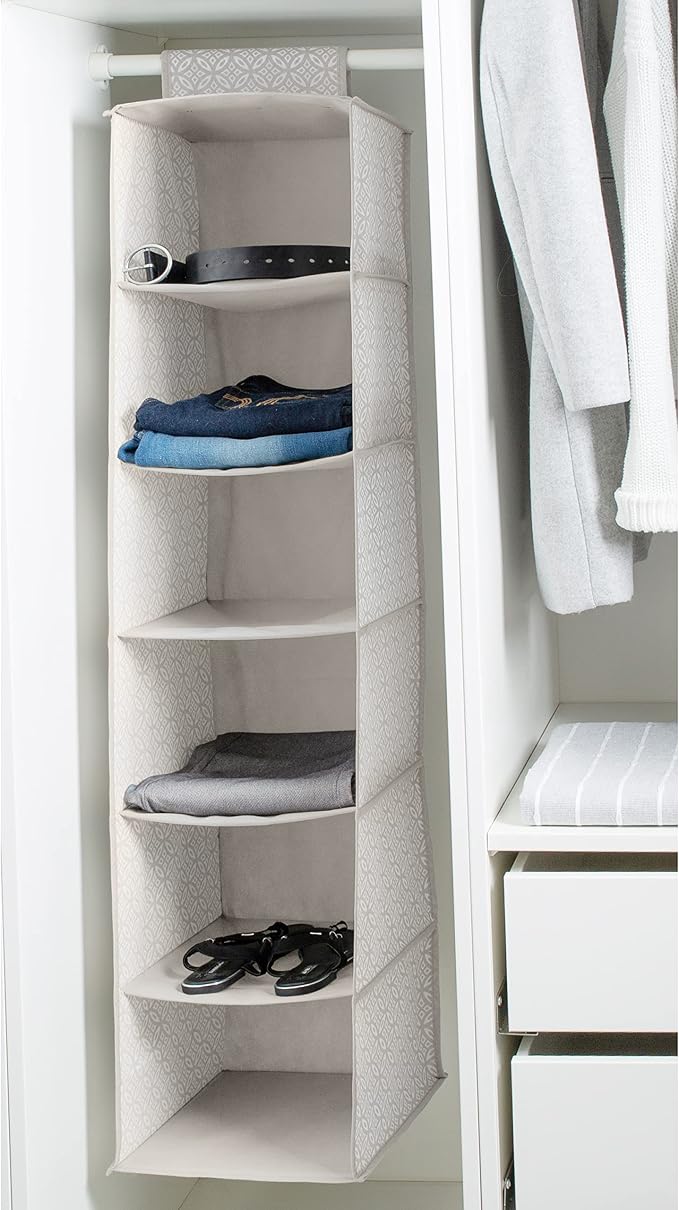 Simplify 6 Shelf Boho Closet Organizer | Dimensions: 11.81" x 11.81" x 47.24" | Foldable Hanging Storage | Closet Storage Organization | Great for Sweaters | Pants | Grey