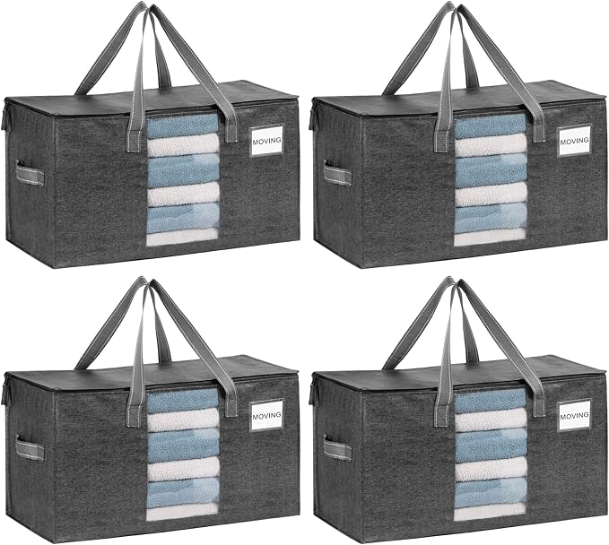 VENO 4 Pack Heavy Duty Moving Bags, Clothes and Comforter Storage Bags with Clear Window, College Dorm Essentials Packing Supplies, Foldable Boxes Alternative (Gray, 4 Pack)