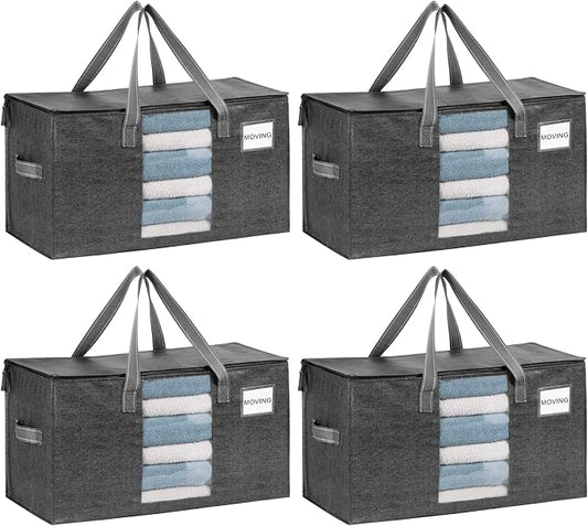 VENO 4 Pack Heavy Duty Moving Bags, Clothes and Comforter Storage Bags with Clear Window, College Dorm Essentials Packing Supplies, Foldable Boxes Alternative (Gray, 4 Pack)
