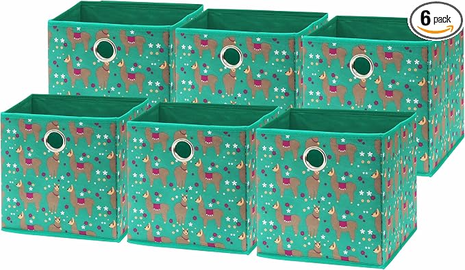 Simple Houseware 10-Inch Collapsible Fabric Cube Storage Bin with Handles, Printed Design, 6 Pack, Green