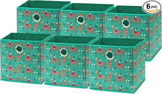 Simple Houseware 10-Inch Collapsible Fabric Cube Storage Bin with Handles, Printed Design, 6 Pack, Green