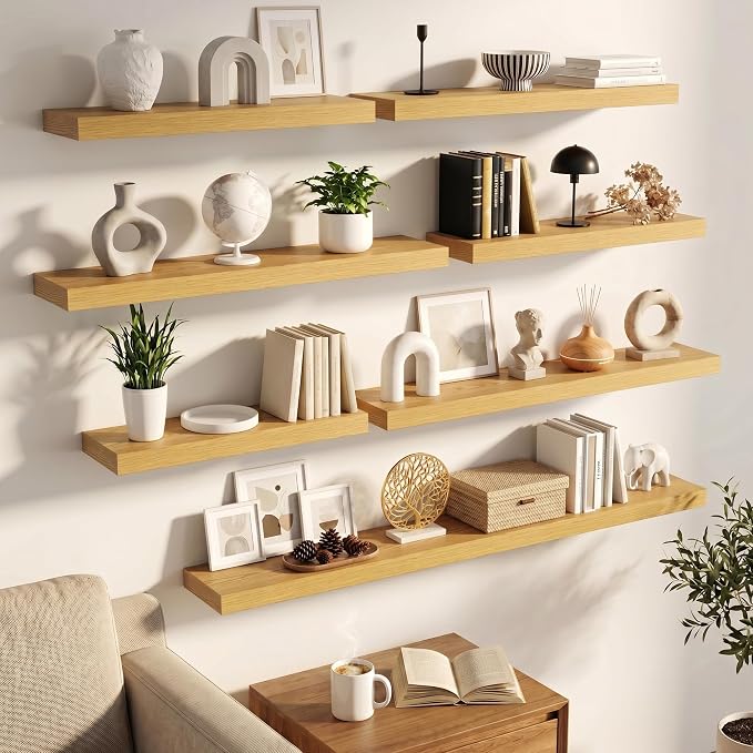 FLYJOE 32 Inch Floating Shelves for Wall Set of 2, 6.5" D Wood Grain Bathroom Shelves with Invisible Brackets, Easy Install Engineered Wood Storage Shelves for Kitchen, Living Room, Bedroom