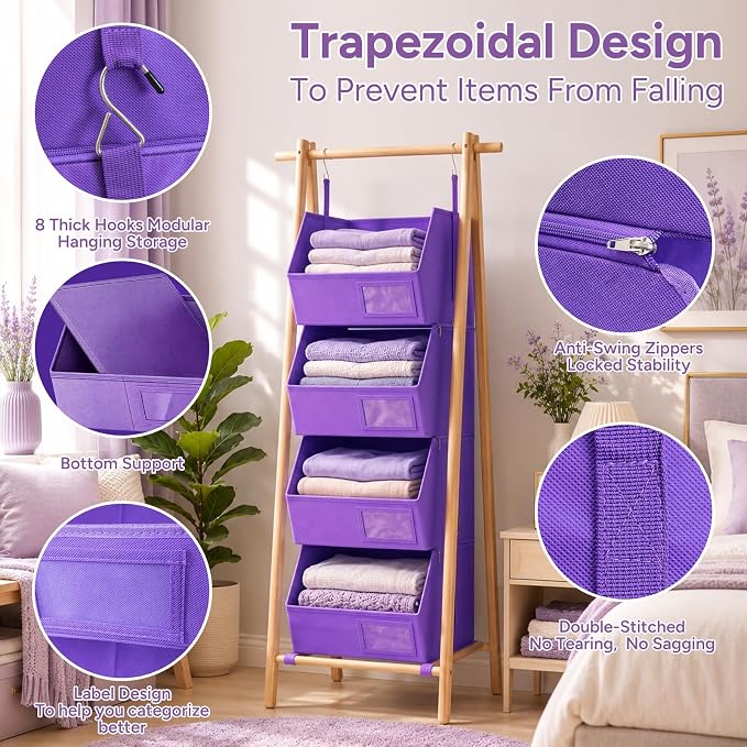 4-Tier Hanging Closet Organizer, Detachable Hanging Storage Shelves with Reinforced Side Panels, Hanging Closet Organizer for Clothes, Sweaters, Towels, Socks & Accessories, Purple