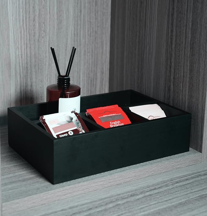 Tea Bag Organizer Black Wood Tea Bag Holder 4 Compartments Coffee Drawer | Large Capacity Sugar Packet Holder Coffee Station Organizer Tea Bags Caddy Drawer Storage Container for Countertop