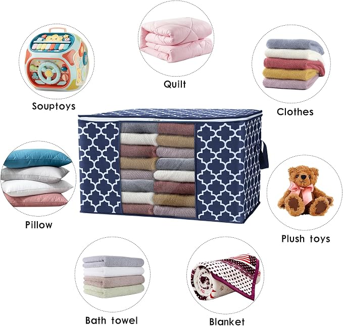 WISELIFE Storage Bags, Large Blanket Clothes Organization and Storage Containers for Bedding, Comforters, Foldable Organizer with Reinforced Handle, Clear Window,Sturdy Zippers,(Blue, 3 x 100L)