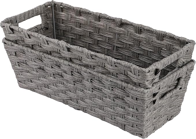 Wicker Storage Baskets for Bathroom, Toilet Tank, Decor - Woven Grey Baskets, 15¾" x 6¾" x 4¾", 2-Pack