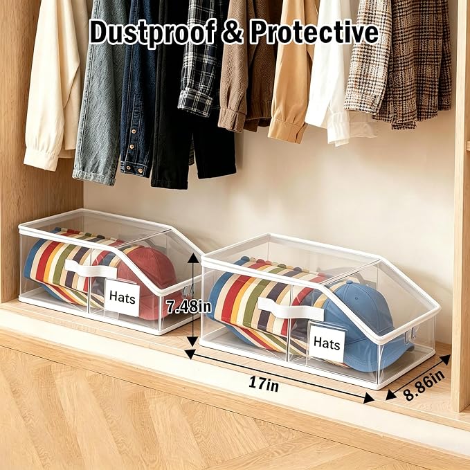 Clear Hat Organizer– Stackable Transparent Hat Display Case with Zipper Closure 2 Pack– Space-Saving Protective Unit for Baseball Caps & Accessories White Trim