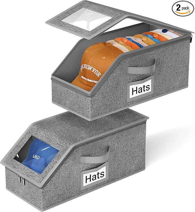 AOODA 2 PCS Stackable Hat Storage for Baseball Caps, Holds up to 24 Caps Cap Organizer for Closet, Sturdy Hat Boxes for Men with Cardboard, Slate Grey
