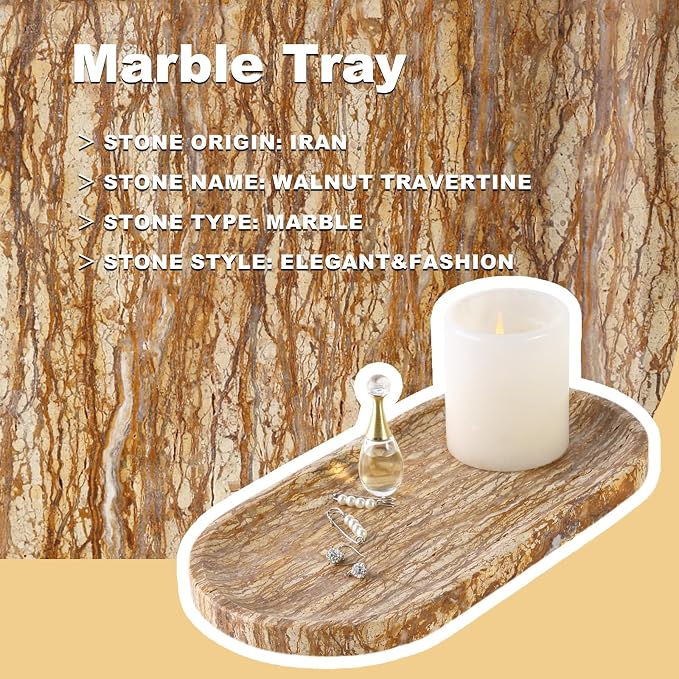 Koville Turkish Natural Marble Tray, 12"x6" Vanity Decorative Tray for Countertop Organizer, Catchall Tray for Perfume, Candles, Jewelry Dish