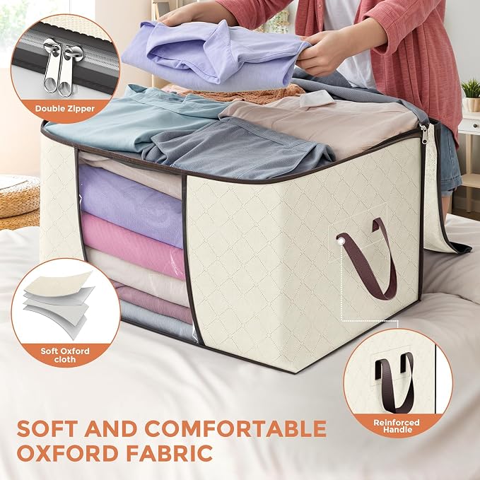 90L Large Storage Bags, 10 Pack Clothes Storage Bins Closet Organizers | Foldable Storage Containers, with Reinforced Handle, for Clothing, Blanket, Comforters, Bed Sheets, Pillows and Toys,Beige