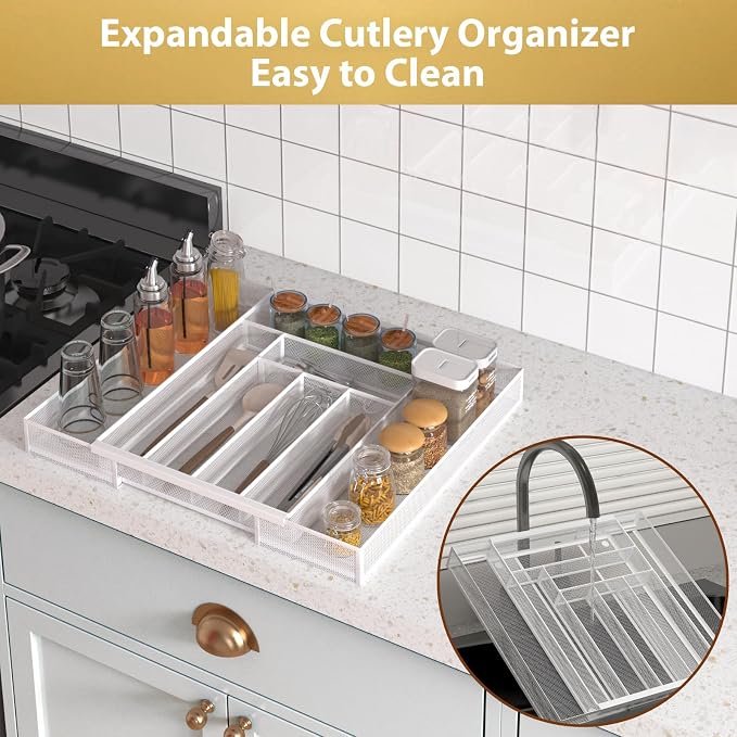 Sedegn Expandable Kitchen Utensil Organizer - 11.6" to 20" Adjustable Cutlery Tray with 6-8 Compartments - Fits Various Drawer Sizes & Holds Large Ladles Spatulas Forks Spoons & Knives White