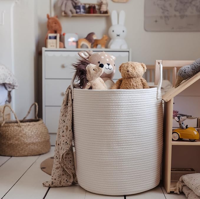 OrganiHaus Tall Cotton Rope Laundry Basket & Hamper, Blanket Storage 52L | Full Off-White - Tall Cotton Rope Hamper, 52L