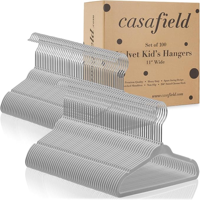 Casafield 100 Velvet Baby Hangers - 11" Size for Infant & Toddler Clothes - Gray