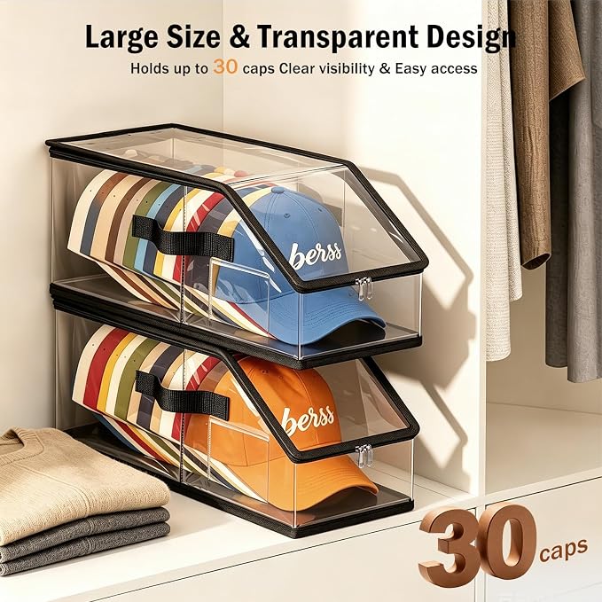 Foldable Clear Baseball Cap Storage Organizer – Stackable Transparent Hat Display Case with Zipper Closure 2 Pack– Space-Saving Protective Unit for Baseball Caps & Accessories Black Trim