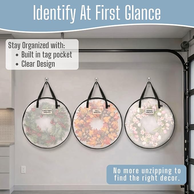 VENO 2 Pack Summer Wreath Storage Container, 30 Inch Clear Wreath Bag, Spring, Christmas Garland Decoration Organizers with Zipper and Durable Handles (Clear, 30"-2 Pack)