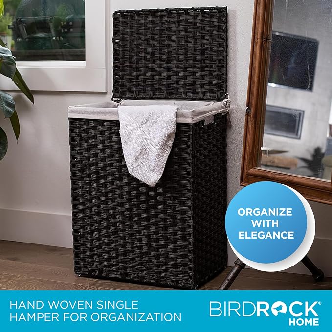 BIRDROCK HOME Single Laundry Hamper with Lid - Brown - Liner Bag - Hand Woven - Small Collapsible Hampers - Foldable Bin - Synthetic PE Rattan - Hand Woven - Clothes Basket