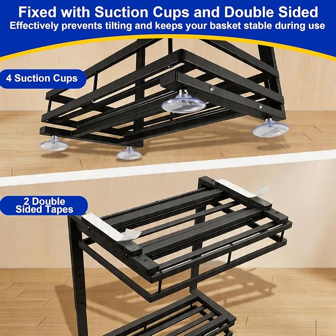 2-Tier Under Sink Organizer, Metal Pull Out Shelf, Black | Carbon steel, ball-bearing pull-out, 6-level adjustable, no-drill setup, for under-sink pipes and bottles