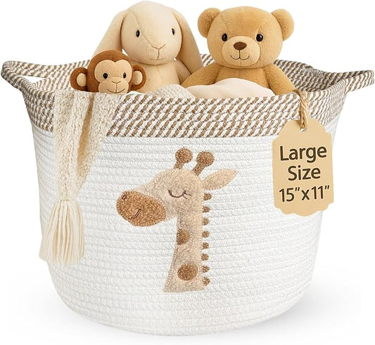 Giraffe Storage Basket for Nursery – Large 15”x11” Cotton Rope Bin with Soft Felt Animal Patch – Toy Organizer, Baby Laundry Hamper, Diaper & Towel Holder – Foldable, Washable & Baby-Safe