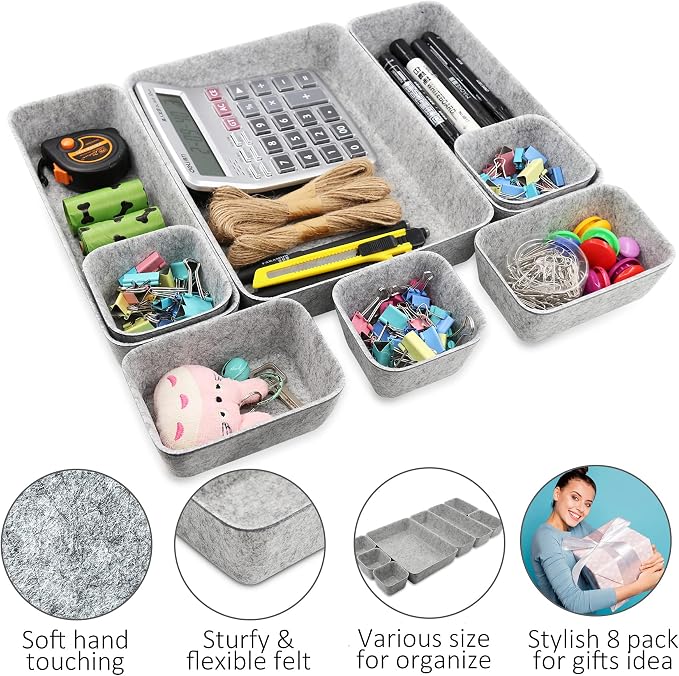 Newthinking Desk Drawer Organizer Trays, 8 Pack Square Storage Box Stackable Dividers, Save Desk Space Dividers Box for Home Office Cosmetics Storage Boxes（Gray）