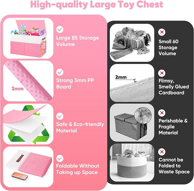 Mabahoo Large Toy Box, Collapsible Sturdy Storage Organize Chest Boxes With Lids, 25"x13"x16" Kids Toy Chest Bin Baskets for Living Room, Bedroom, Nursery, White & Pink