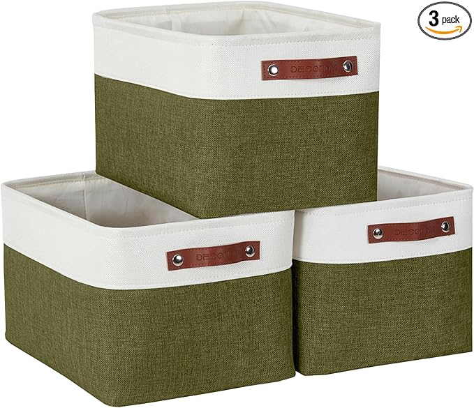 DECOMOMO Storage Bins, Large Fabric Storage Baskets for Shelves, Decorative Linen Closet Organizer, 15 x 11 x 9.5 inches (Olive Green & White, 3 Pack)