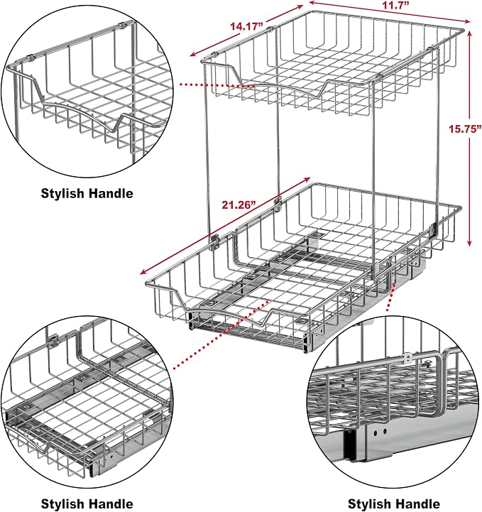 Simple Houseware 2-Tier (L+L) Organizer Pull Out Under Cabinet Sliding Shelf, Chrome