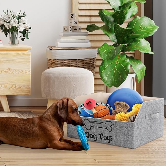 2X Thicker Large Dog Toy Collapsible Fabric Dog Toy Box and Storage Bin With Handle - Trapezoid Dog Toy Basket Chest Organizer for Pet Toys, Blankets and Accessories