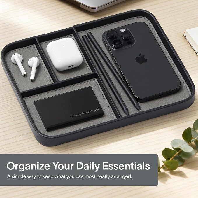 Nordik Leather Valet Tray - Pebble Black - 9.5 x 7.9 Inch Medium Vegan Leather Tray - Stylish Nightstand Organizer for Men - Modern Bedside Caddy - EDC Catchall for Key Watch Wallet Jewellery