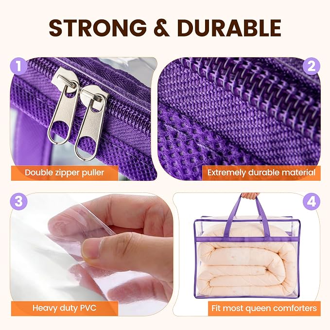 6 Pack Clear Clothes Storage Bags, Double Zipper Design 40L Underbed Moving Bags for Blankets and Clothes, Large Capacity Closet Organizers and Storage for Dormitory, Bedroom, Closet-Purple